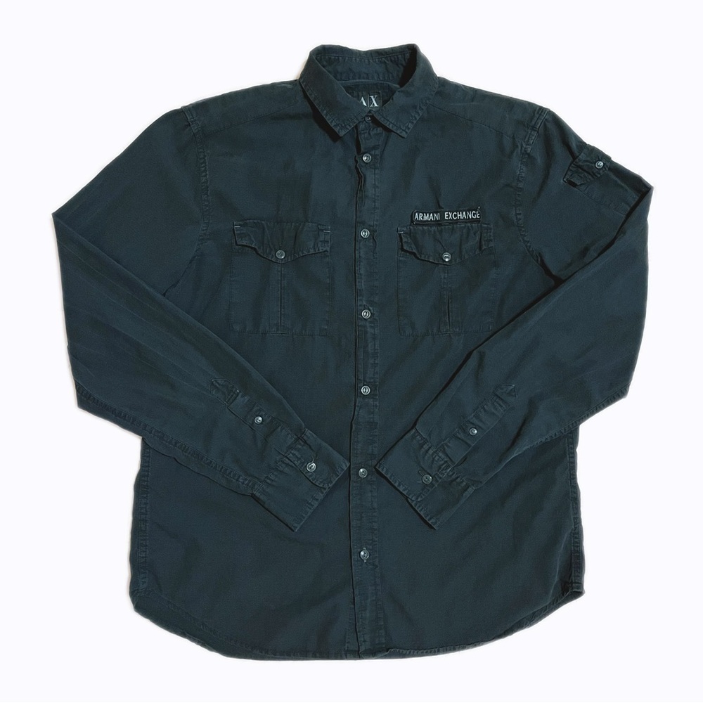 Armani Exchange Men’s Black 100% Cotton Long Sleeve Button-Up Shirt Arm Pocket